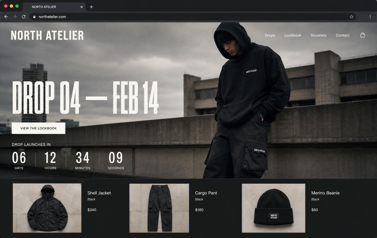 North Atelier streetwear lookbook website preview